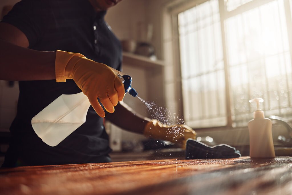 Person Cleaning A Wooden Surface With Spray Bottle